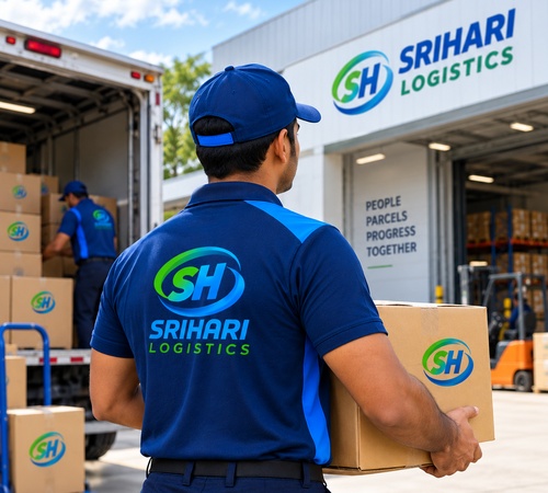 Srihari Logistics associate handling a package in a warehouse