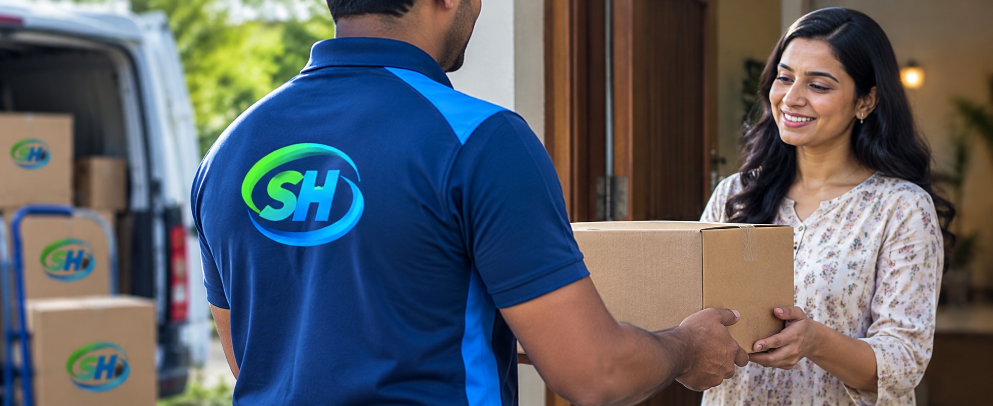 Srihari Logistics delivery associate handling a parcel